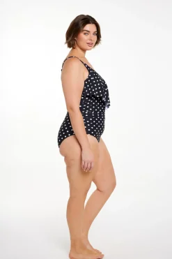Black and White Dots Long Frill V Neck One Piece